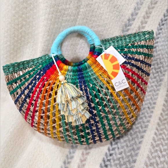 Rainbow Fan Rattan Beach Bag from Anthropologie by C&C California - Picture 1 of 12